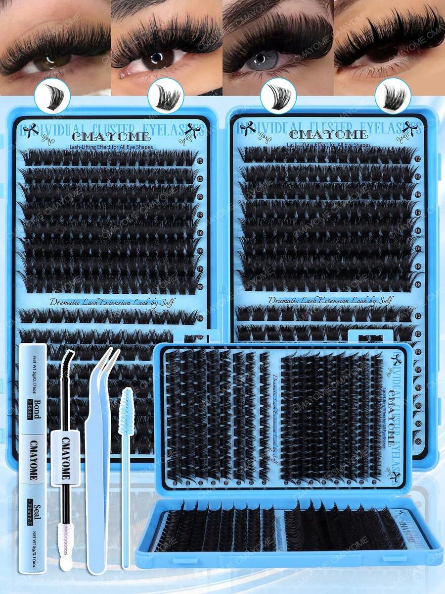CMAYOME Bộ mi giả dạng chùm 464/512/544, bộ dụng cụ nối mi nhiều độ dày 12-18mm, mi giả cong kiểu mắt mèo 12-18mm mới, bộ nối mi trang điểm tự nhiên DIY, bộ nối mi siêu mềm nhẹ, bộ keo dán mi, thích hợp sử dụng hàng ngày, đám cưới, hẹn hò, tiệc tùng, lễ hội âm nhạc, Halloween, mi chùm, mi riêng lẻ, mi chùm cong kiểu C, trang điểm mi giả chuyên nghiệp.
