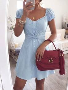 Lili House 女士蓝白条纹心形领泡泡袖扭结前襟纽扣 A 字迷你连衣裙，可爱休闲，适合春夏度假、早午餐、约会、街头、派对等场合，优雅时尚 - 藍色 - 查看 6