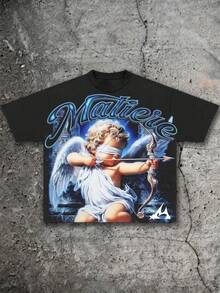 [ Y2K Style ]Matiere Blindfolded Cupid Printed T-Shirt For Children,Polyester Fiber Short Sleeve,Hip Hop Style,Daily Wear,Soft And Comfortable T-Shirt - 黑色 - 查看 1