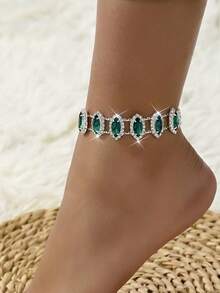 1 pieza Tobillera de lujo vintage minimalista de imitación de esmeralda, joyería para el pie con tacón alto y strass de moda - Multicolor - Ver 9