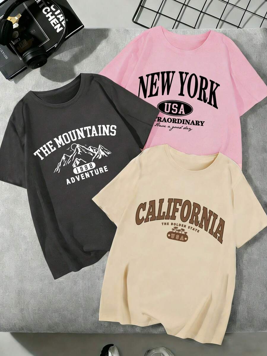 3件套女士新款休闲可爱图案宽松百搭圆领短袖T恤，时尚日常及假日穿着 - 彩色 - 查看 1