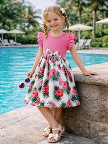 Vestido de verano para niñas, parte superior acanalada rosa pálido, manga corta con parches, base blanca con estampado de hibisco y hoja de palma, vestido de princesa con lazo - Rosa - Ver 4