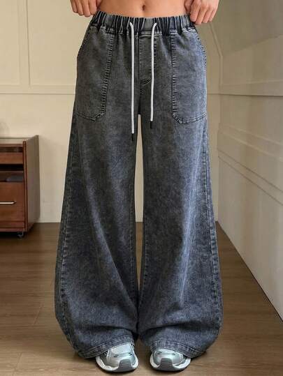 女士阔腿抽绳水洗梭织面料长裤，略带弹性，适合休闲穿着，黑色