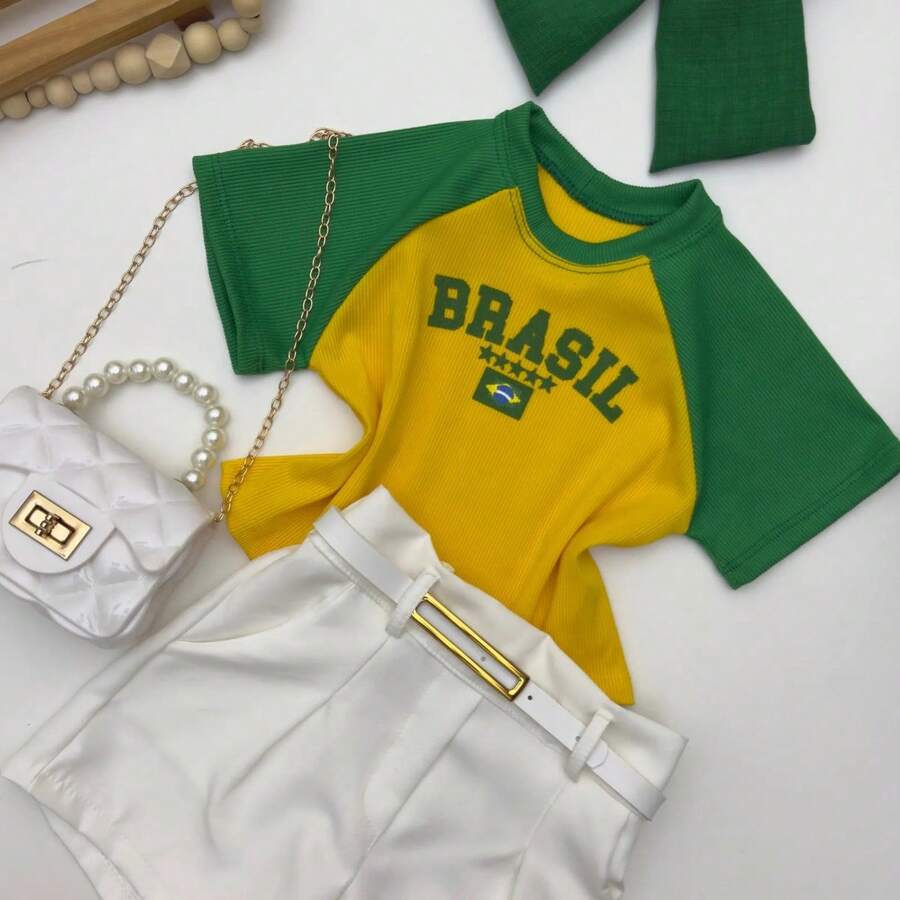 Girls' Outfit Set: Brazil Blouse, Shorts, World Cup Look - Green Blouse With Yellow Sleeves - View 1