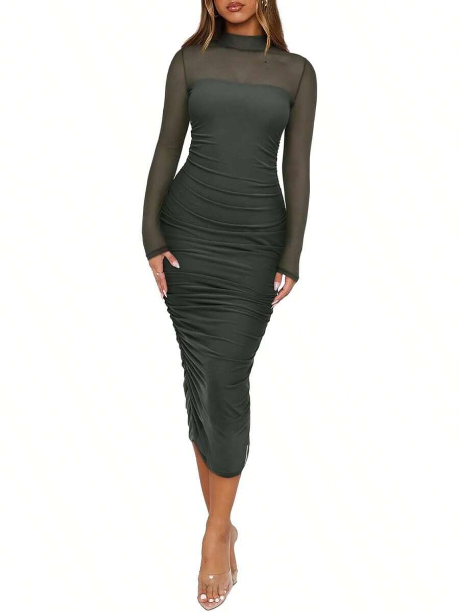 2026 Women's Summer Mesh Sheer Short Sleeve Mock Neck Ruched Bodycon Midi Elegant Evening Party Cocktail Dress