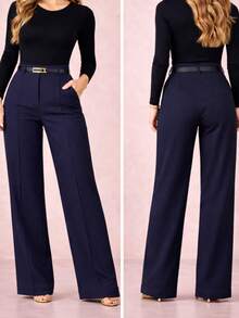 Women's Tailored Trousers With Belt, Super Comfortable - 藏蓝色 - 查看 2