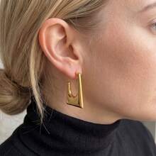 Gold Plated Square Hoop Earrings, Minimalist Geometric Round Hoop Earrings For Women - Gold - View 5