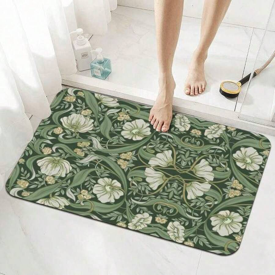 William Morris Floral Diatomaceous Earth Mat - Non-Slip Quick-Dry -Friendly Absorbent Rug, Suitable For Shower Poolside, Vibrant Design Home Dr Accessory - 黑色 - 查看 1