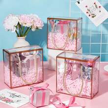 Bộ 5 hộp quà PET trong suốt cầm tay, hộp quà kỷ niệm trong suốt với viền ren vàng và tay cầm, thích hợp cho đám cưới, sinh nhật, Ngày của Mẹ, tiệc tùng và các dịp đóng gói quà tặng khác. - Viền vàng - Xem 5