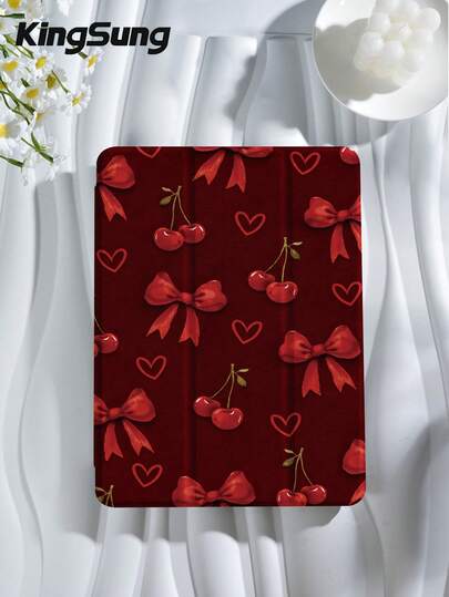 Kingsung Ốp bảo vệ máy tính bảng họa tiết nơ và anh đào, tương thích với iPad 9.7/10.2/10.5/10.9/12.9/Pro 11, thế hệ thứ 10, tương thích với Samsung Galaxy Tab S6 Lite 10.4 inch, tương thích với Kindle Paperwhite thế hệ thứ 12 2024, Kindle thế hệ thứ 11 2022, Kobo Clara Colour, chống rơi vỡ, chân đế thông minh/tự động bật/tắt màn hình.