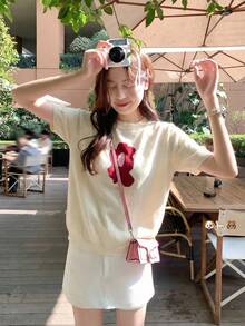 夏季新款杏色法式浪漫针织T恤，短款宽松修身，上镜休闲百搭女童上衣 - 杏色 - 查看 2