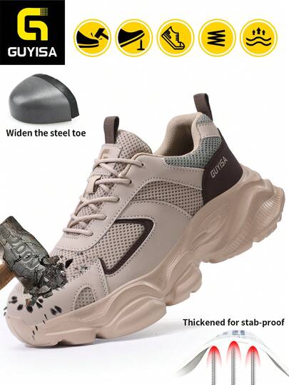 GUYISA Giày bảo hộ mũi thép thoáng khí, màu be, kiểu dáng thường ngày, chống va đập, chống đâm thủng, giày động mềm mại và thoải mái, đế EVA có độ mềm và đàn hồi tốt.