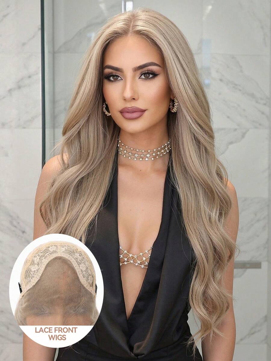 باروكة طويلة موجية بطول 26 بوصة ذهبي فاتح، باروكة أمامية من الدانتيل 13x4 ذات خط وسط، شعر اصطناعي ذهبي فاتح مناسب للاستخدام اليومي وارتداء الحفلات