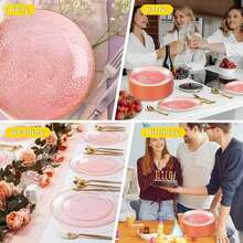 Bộ 50/25/10/2 đĩa viền hồng - Đĩa trong suốt màu hồng thanh lịch với viền vàng - Đĩa ăn tối thiết kế vân nổi, đĩa phục vụ bánh ngọt, mì Ý, bít tết, đồ ăn nhẹ, trái cây, v.v. - Hoàn hảo cho các bữa tiệc và đám cưới: Sinh nhật, đám cưới, Ngày Valentine, Năm mới, Ngày của Mẹ hoặc bất kỳ dịp đặc biệt nào. - Hồng - Xem 5