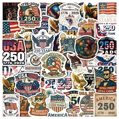 50Pcs 250th Anniversary Stickers Scrapbook Aesthetic Stickers Pack Vintage Fashion Usa 250th Anniversary Merchandise Helmet Stickers Dirt Bike Stickers Vinly Waterproof Stickers For Water Bottle,Computer,Laptop,Phone,Luggage,Notebook,Fridge