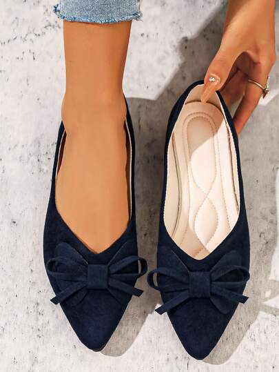 Plus Size Women Navy Suede Bow Flats, Wide Fit Comfortable Pointed Toe Loafers, Elegant For Commute/Casual Date/Bridesmaid, Versatile Work Shoes