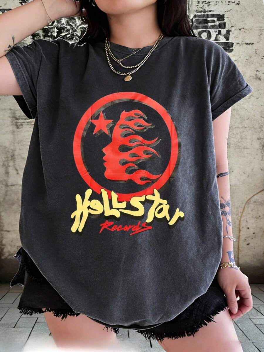 Hellstars Records Red Yellow Logo Retro Washed Print Round Neck Short Sleeve T-Shirt, 230g 100% Cotton T-Shirt, Summer Clothes, Women's Tops, Casual And Comfortable, Fashionable Graphic Tee, Unisex Style - Black - View 1