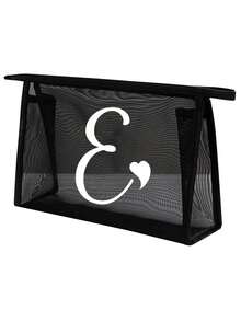 Bolsa de malha preta com estampa de letras brancas de A a Z, transparente, para guardar cosméticos. Grande capacidade e multifuncional, ideal para viagens, guardar batons, produtos de cuidados com a pele, maquiagem e outros itens essenciais. Perfeita para estudantes, com zíper e design minimalista. Ideal para guardar joias, joias, viagens, negócios, natação e para guardar em casa. Perfeita para as férias de verão. - Preto - Ver 14