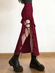 炫彩纯色紧身高腰开衩迷你裙 - 紅色 - 查看 3