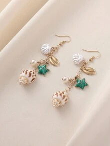 1 Par de Brincos com Borla de Corrente de Contas, Estrela do Mar e Pérola Falsa em Estilo Oceânico Natural, Adequado para Uso Casual em Férias na Praia Boho de Mulheres. O Tamanho, Formato e Cor da Concha Natural e do Búzio Variam ligeiramente. - Multicolorido - Visão 6
