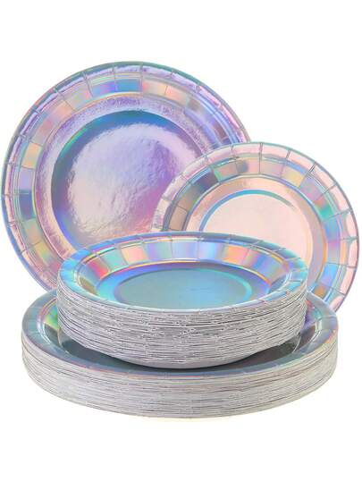 10个闪亮纸盘，彩虹色圆形派对纸盘，全息光泽一次性圆形纸盘，适用于生日、婚礼、周年纪念、婴儿派对、用餐、野餐和派对装饰