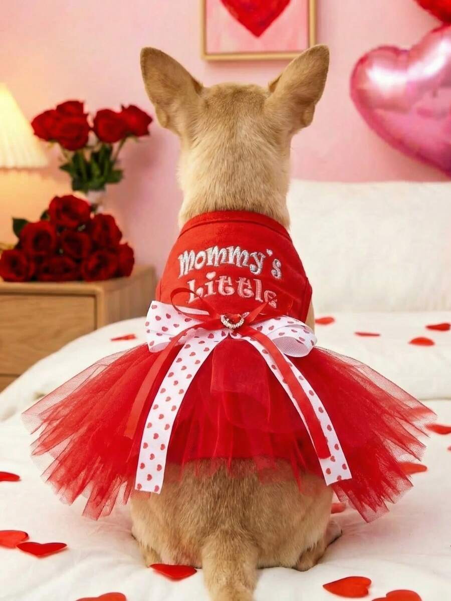 宠物连衣裙一件装，可爱浪漫的薄纱裙套装，适合小型犬猫，心形蝴蝶结设计，妈妈的小情人 - 紅色 - 查看 1