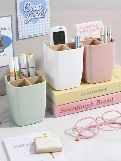 1个竹节造型塑料桌面收纳盒，带笔筒和首饰隔层，3/4个独立隔层，多功能收纳盒，适用于办公室、浴室和卧室，可收纳耳环、戒指、化妆品和小物件（低调设计，适合桌面和抽屉收纳）