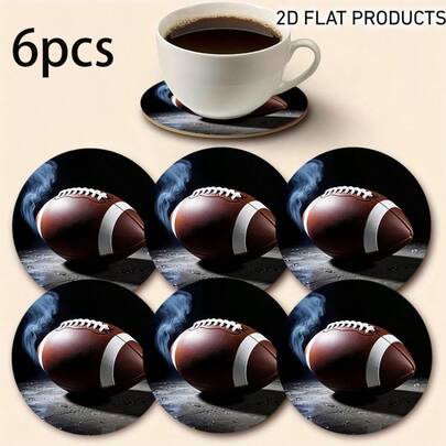 6pcs 2D Printed Football Sports Event Design Round PET Coasters, Suitable For Yard, Kitchen, Living Room, Family Gathering Tabletop Decor, Gift For Friends And Family On Holidays, Suitable For Valentine's Day, Wedding, Birthday Party Home Decor Accessories, Best Gift For Friends