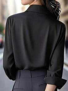 Women's Elegant French Style Long Sleeve Button-Up Blouse, Anti-Exposure - Black - View 6