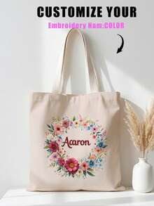 1pc Custom Canvas Tote Bag, Personalized Photo/Name/Scenery/Illustration Print, , Lightweight Large Capacity Shoulder Handbag,Back To School Essential - Multicolor - View 4