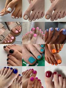 288 chiếc/hộp (12 kiểu hỗn hợp) Móng chân giả acrylic ngắn, vuông, nhọn, bóng, nhiều màu sắc, tự làm, kèm hộp đựng, thiết kế vừa vặn hoàn hảo cho phụ nữ và bé gái tự làm móng mùa hè, phù hợp cho sử dụng hàng ngày và dự tiệc. - Nhiều màu - Xem 8