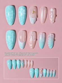 24pcs Long Almond Shaped Floral Nails With Pearl Starfish Decor, French Tip Design, Acrylic Material, Set Includes: 1pc Jelly Glue And 1pc Nail File. - View 2