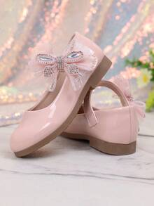 1 Pair New Girls' Solid Color Princess Mesh Rhinestone Butterfly Mary Jane Shoes, Soft Sole Anti-Slip Performance Shoes For Spring And Autumn, Suitable For Performance And Matching With Dresses - Pink - View 5