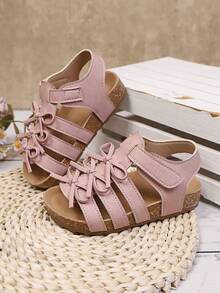 1 Pair Girls' Bow Knot Woven Comfortable Soft Bottom Fashionable Princess Style Open Toe Flat Sandals, Suitable For Summer - Pink - View 5