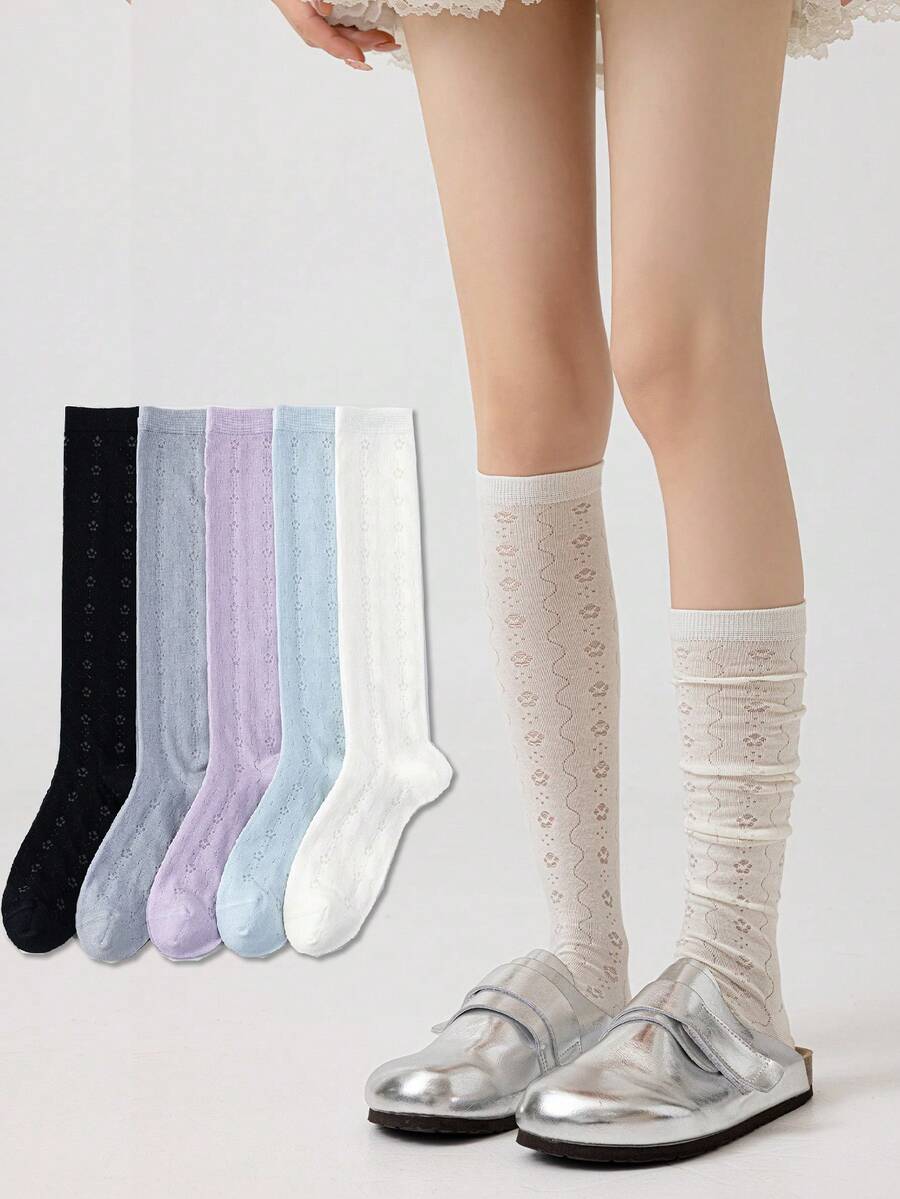1 Pair Women's Knee-High Socks, Thin Lightweight Collegiate Style Slimming Leg Socks For Spring/Summer, Versatile Wear With Skirts - Multicolor - View 1