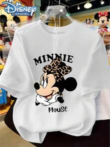 Disney Leopard Print Bow Short Sleeve T-Shirt, Minnie Mouse CartoonPrint Top, Disney Channel Women's Fashion Versatile, Multiple ColorsAvailable Cute Style - 白色 - 查看 1