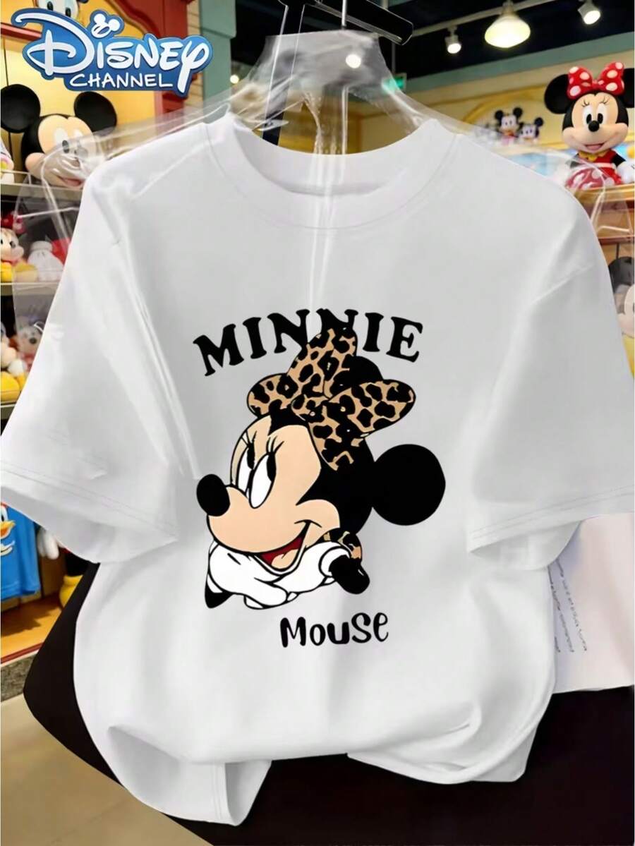 Disney Leopard Print Bow Short Sleeve T-Shirt, Minnie Mouse CartoonPrint Top, Disney Channel Women's Fashion Versatile, Multiple ColorsAvailable Cute Style - 白色 - 查看 1