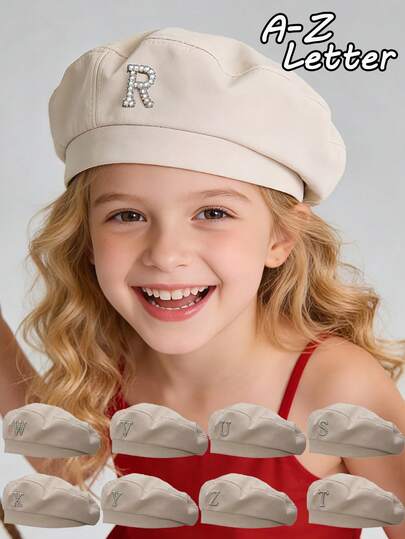 1顶A-Z儿童复古米色贝雷帽，饰有珍珠字母，女孩精致水钻艺术家帽，日常街头优雅装饰帽，儿童质感休闲百搭时尚帽，适合女孩派对/街头风格
