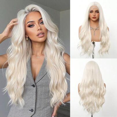 26 Inch Platinum Blonde Wigs Long Body Wave 13x4 Lace Front Wig Medium Part Gold Synthetic Hair For Women Suitable For Daily Party Wear