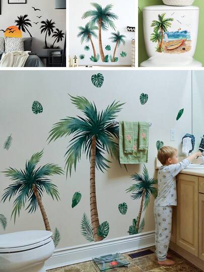 BRUP 半张/套热带棕榈叶和龟背竹墙贴，绿色丛林植物，可移除即撕即贴贴纸，适用于浴室、儿童房、婴儿房装饰，打造水疗般的丛林风格背景墙装饰