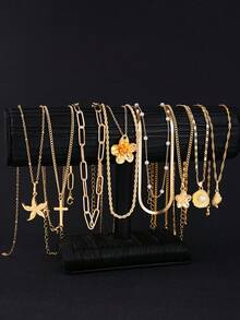 10件套时尚简约优雅仿珍珠花朵十字架海星贝壳金色项链套装，适合女性度假、派对、宴会、节日、生日、日常佩戴 - 金黃色 - 查看 8