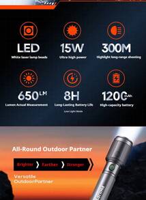 PHILIPS SFL2141 High-power flashlight with zoom, super bright beam, long range, rechargeable, portable, and long battery life - 黑色 - 查看 9