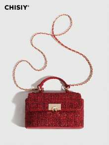 Retro And Elegant Tweed Handbag, Generous And Simple Shoulder Bag, Customized Gold Ball Buckle Crossbody Bag, Suitable For Business Casual, Shopping And School, Front Twist Lock Handbag, With Shoulder Strap, Shoulder Bag, Crossbody Bag Is Very Suitable For Daily Life, Party And Travel, Lightweight And Durable, Versatile Retro Charm, Suitable For Women Who Pursue Elegant Personality, Suitable For Any Occasion, Showing Unique Fashion Taste - 小香酒紅色 - 查看 6