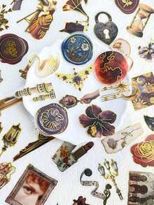 50pcs Retro European Palace Style Gold Stamping PET Stickers Decals For Phone Suitcase Scrapbook Helmet Skateboard Guitar Aesthetic Transparent Stickers - A - View 3