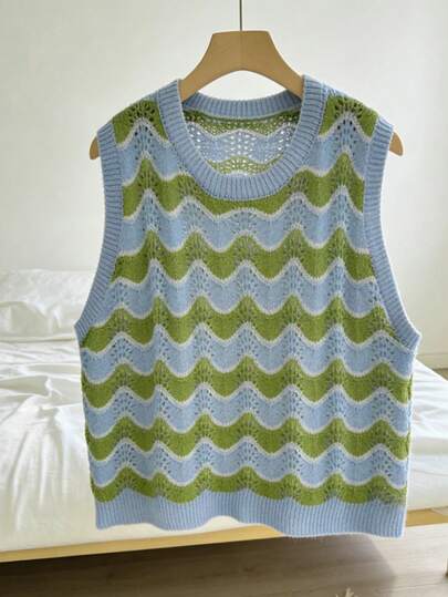 女士时尚夏季镂空针织吊带背心，撞色条纹设计，百搭上衣