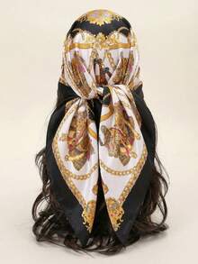 1条2026春夏新款女士时尚链条印花方巾，轻盈透气，简约百搭，适合四季使用。 - 黑色 - 查看 7