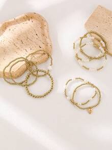 9件套 时尚CCB金色珠子，仿珍珠，多层弹力手链套装，可叠戴，十字架吊坠，女士手链，日常、度假、派对饰品 - 金黃色 - 查看 2