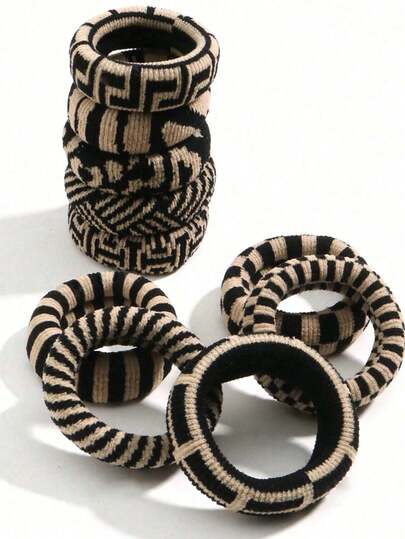 10/5/1件套装 随机款式 时尚黑白图案 女士加厚无缝发圈，高弹力发带，不伤厚发，牢固扎高马尾，发圈，发饰