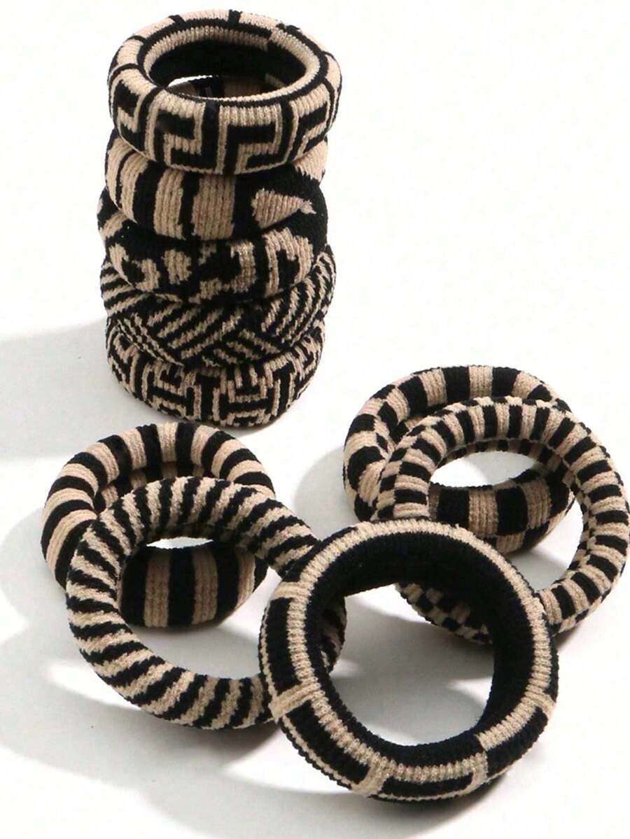 10/5/1件套装 随机款式 时尚黑白图案 女士加厚无缝发圈，高弹力发带，不伤厚发，牢固扎高马尾，发圈，发饰 - 彩色 - 查看 1