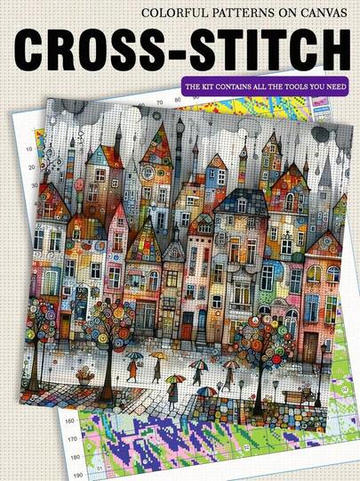 11CT/14CT/16CT印花十字绣DIY套装，涤纶材质，色彩缤纷的城镇图案，适合初学者和成人，轻松DIY刺绣套装，包含印花布料、绣针、绣线、图纸和说明书。手工艺术品，家居墙面装饰礼品，尺寸：40*40厘米/15.7*15.7英寸